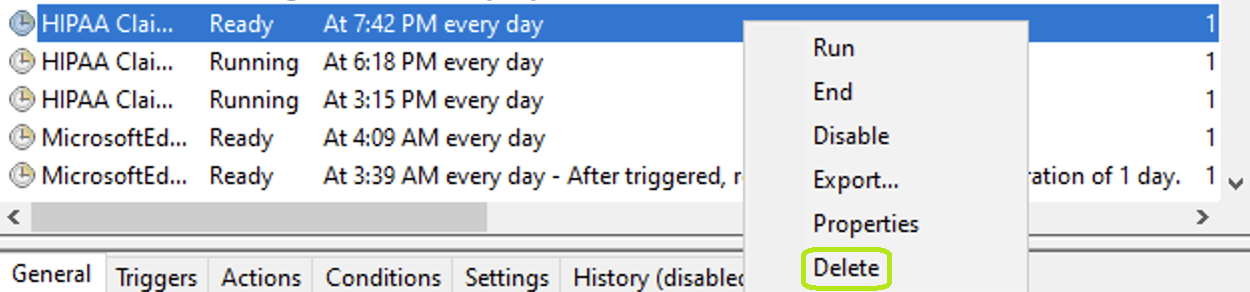 The �Delete� option is under the task�s drop-down menu.