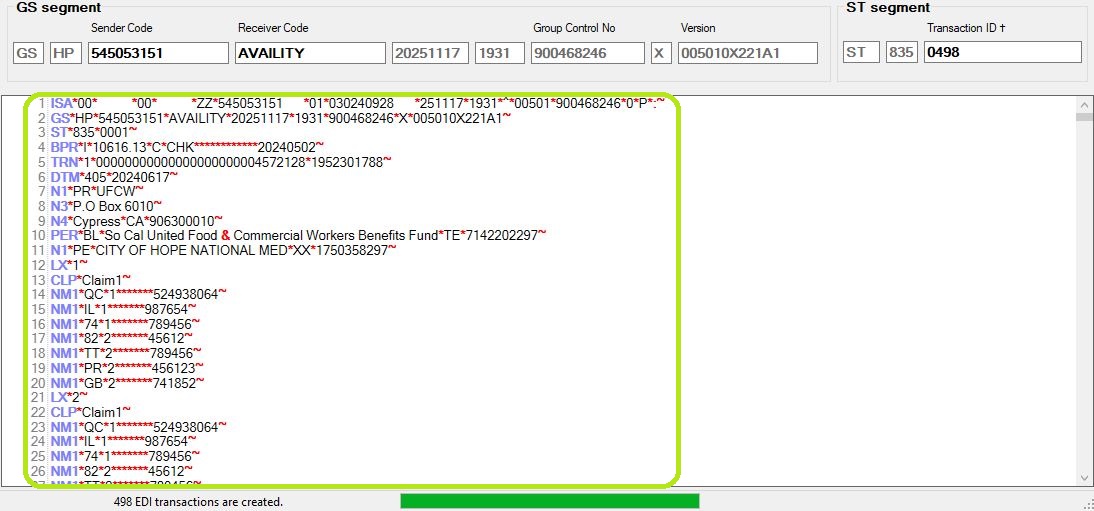 The EDI file content displayed.