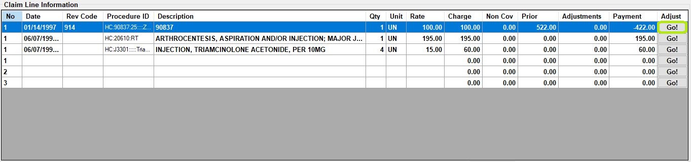 Claim lines in the main adjudication window. The line adjustment button on one of the rows is highlighted. Claim lines in the main adjudication window. The line adjustment button on one of the rows is highlighted.