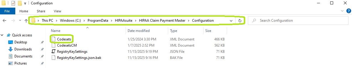Path to the Configuration folder for the codesets.xml file. Path to the Configuration folder for the codesets.xml file.