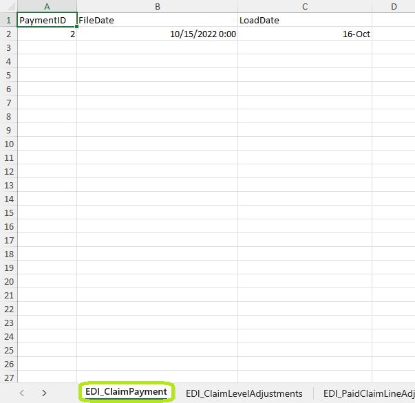 Sample of a multiple sheet Excel spreadsheet in the "Claim Payment" tab. Sample of a multiple sheet Excel spreadsheet in the "Claim Payment" tab.
