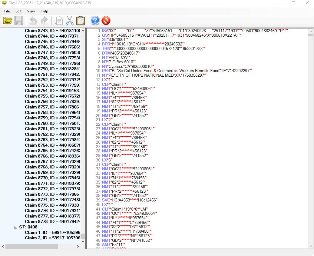 EDI file preview window.