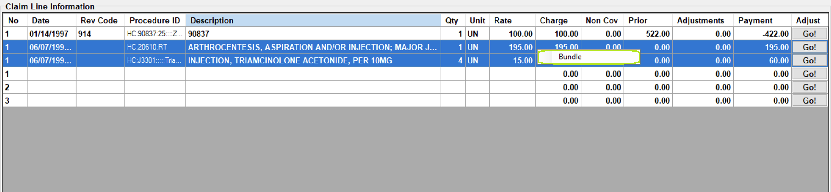 Multiple claim lines are selected. Right-clicking produced the floating context menu which is displaying the Bundle option.