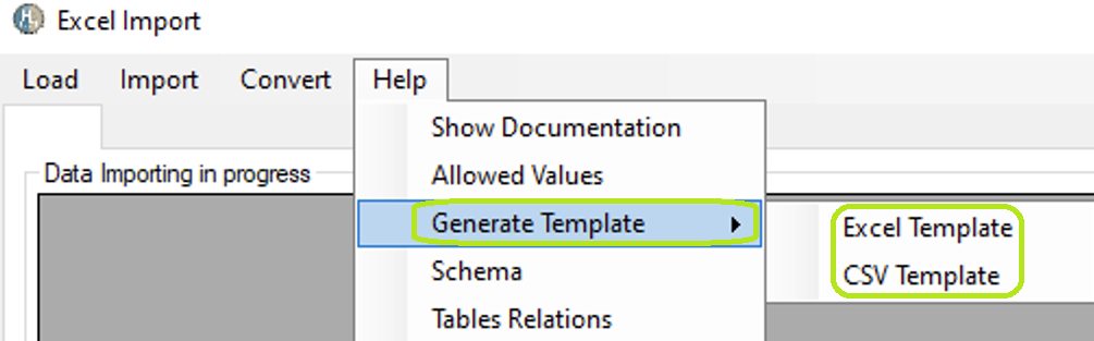 The "Generate Template" option has the "Excel Template" and CSV Template" options.