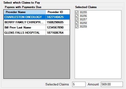 Payee table and claims selection.