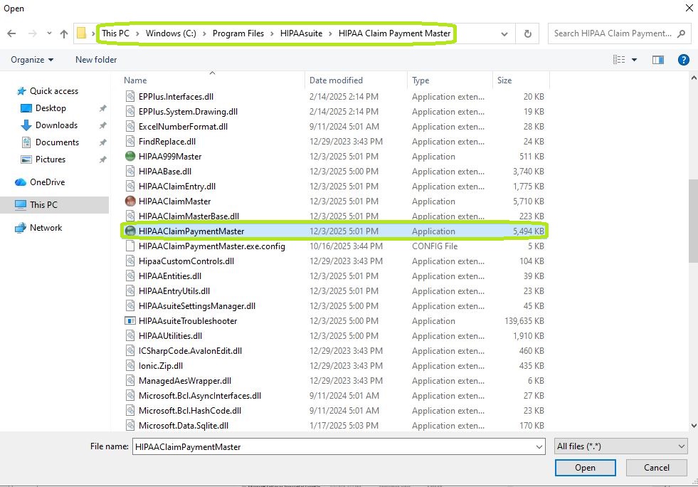 The path to the HIPAA Claim Payment Master application folder.