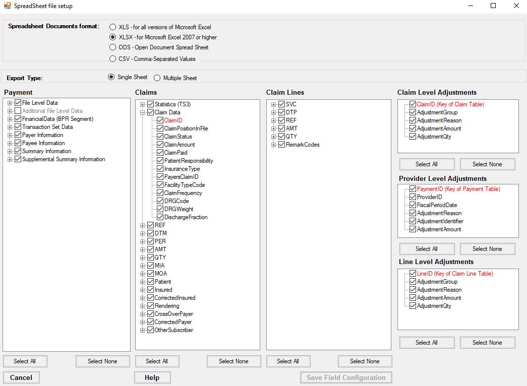 The "Spreadsheet File Setup" window. The "Spreadsheet File Setup" window.