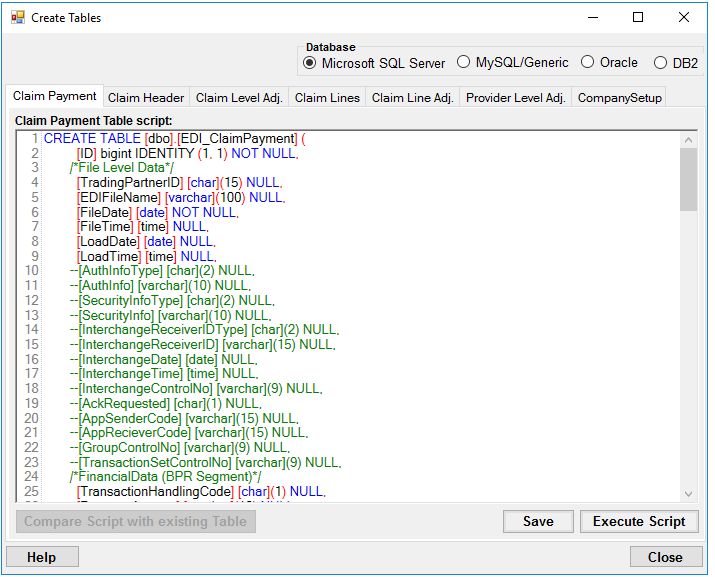 The "835 Table Creation" window. The "835 Table Creation" window.