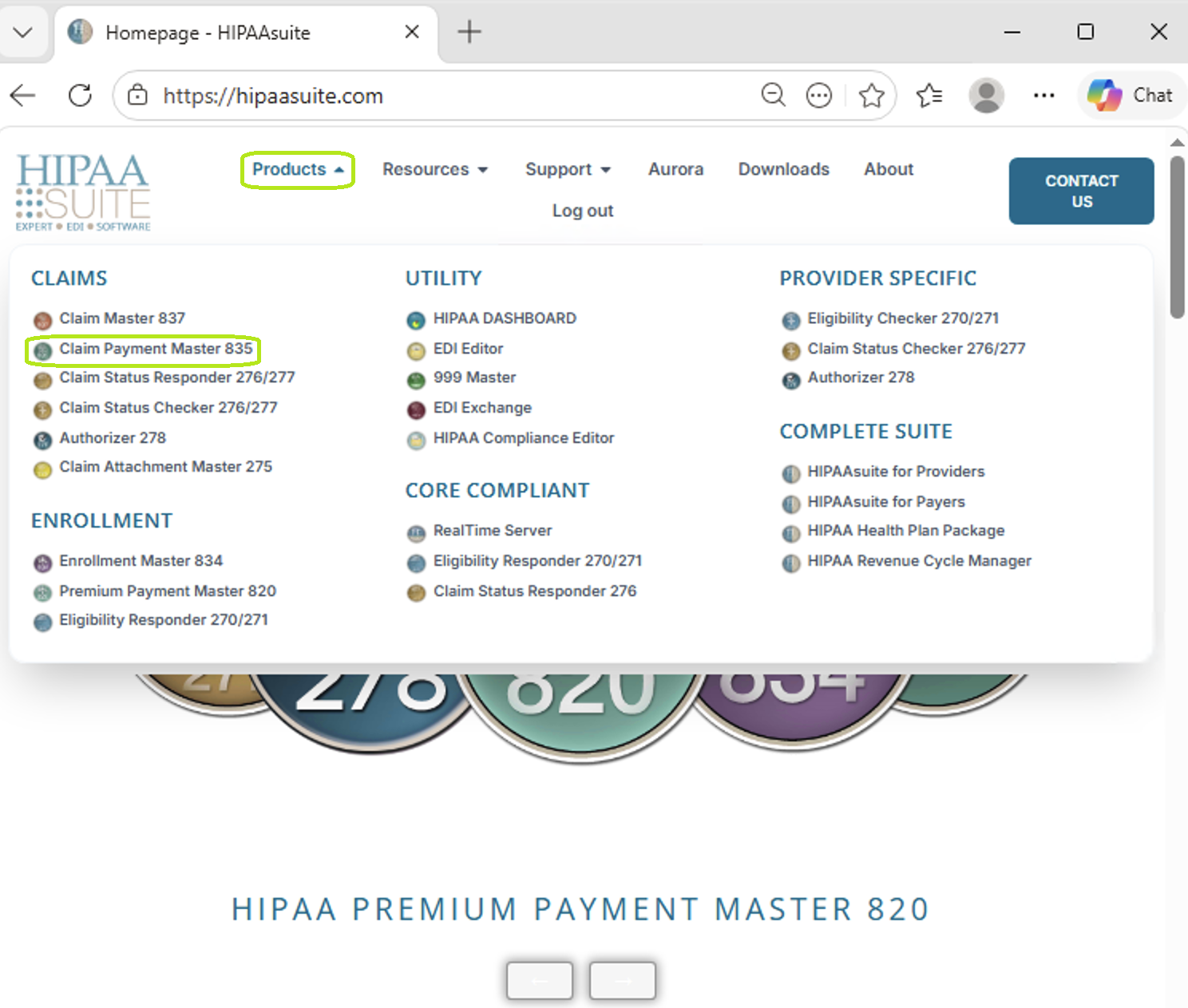 The "Claim Payment Master 835" option is under the Products drop-down menu.