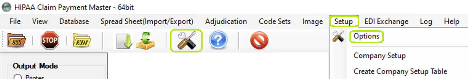 The "Setup" menu and "Options" button. The "Setup" menu and "Options" button.