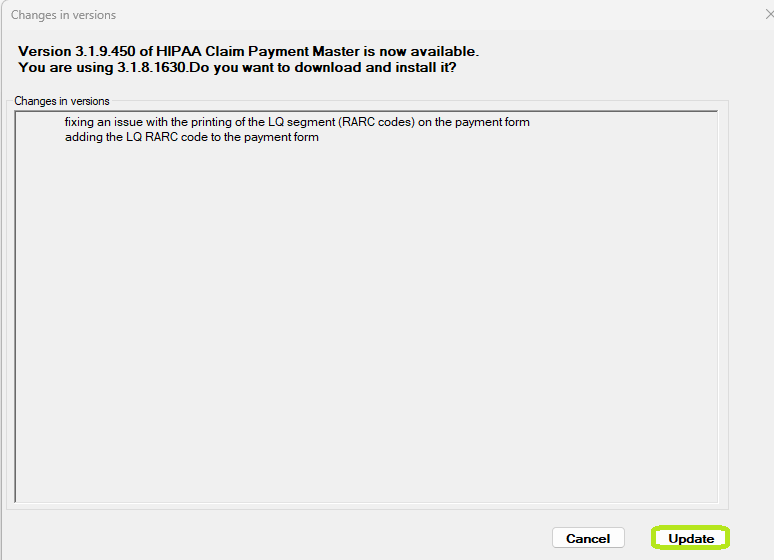 The "Changes in Versions" window. The "Changes in Versions" window.
