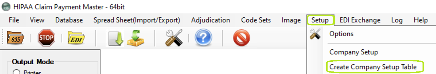 The "Setup" menu and "Create Company Setup Table" button. The "Setup" menu and "Create Company Setup Table" button.