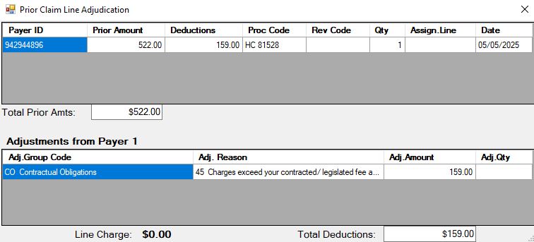 Claim lines with prior payments by another payer.