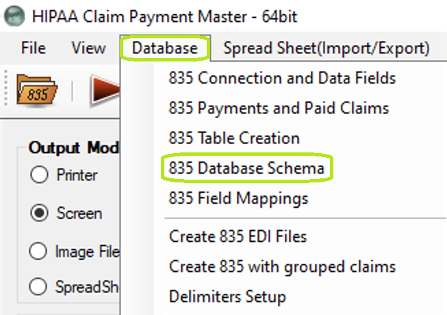 The "835 Database Schema" menu. The "835 Database Schema" menu.