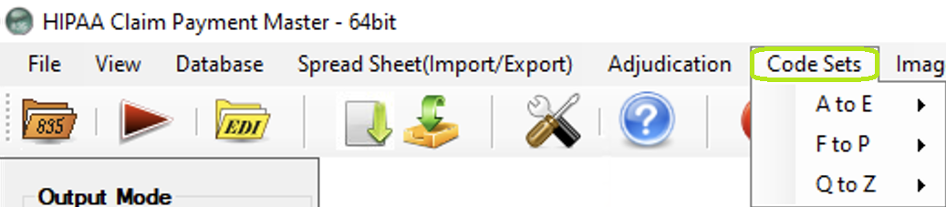 The "Code Sets" tab and its sub-menus. The "Code Sets" tab and its sub-menus.