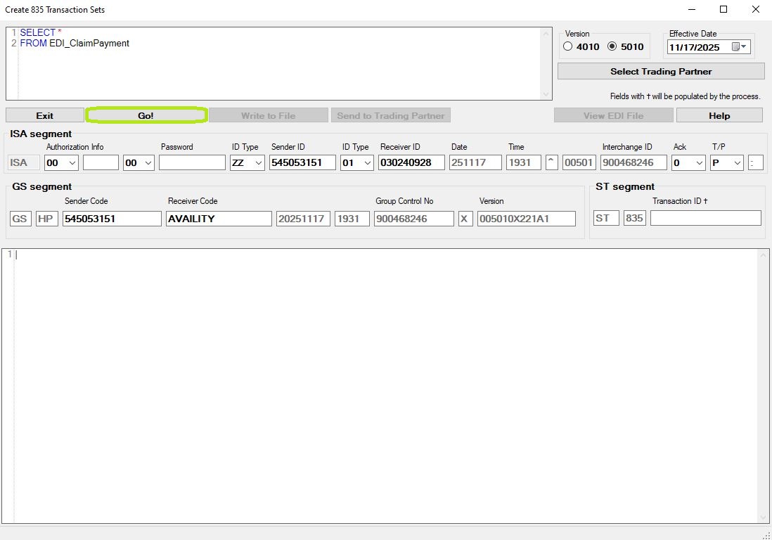 Click the "Go!" button to create the 835 EDI files.