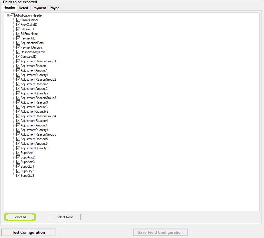 Detail of Adjustment Field Setup screen. Select all fields buttons highlighted. Detail of Adjustment Field Setup screen. Select all fields buttons highlighted.