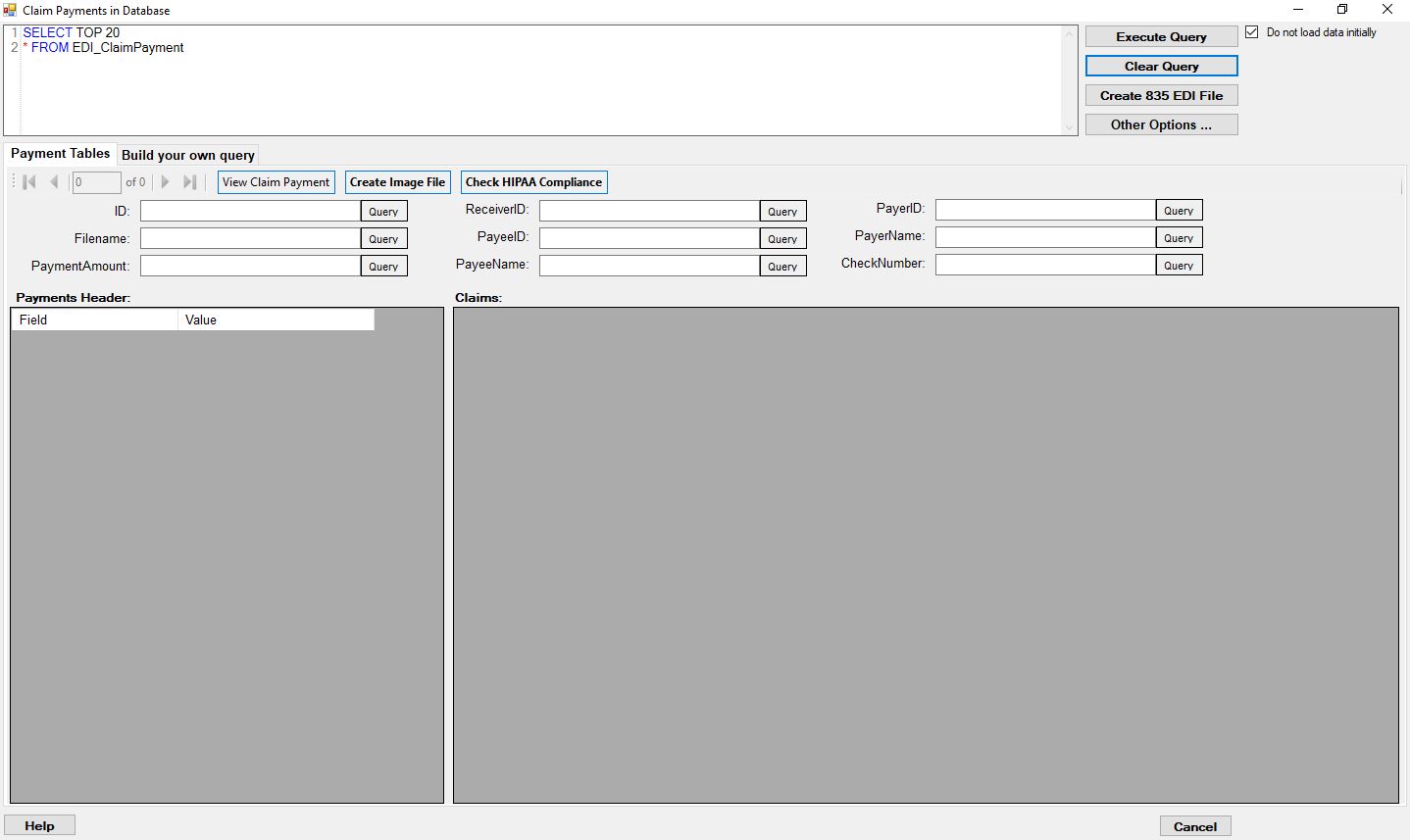 The "835 Payments and Paid Claims" window.