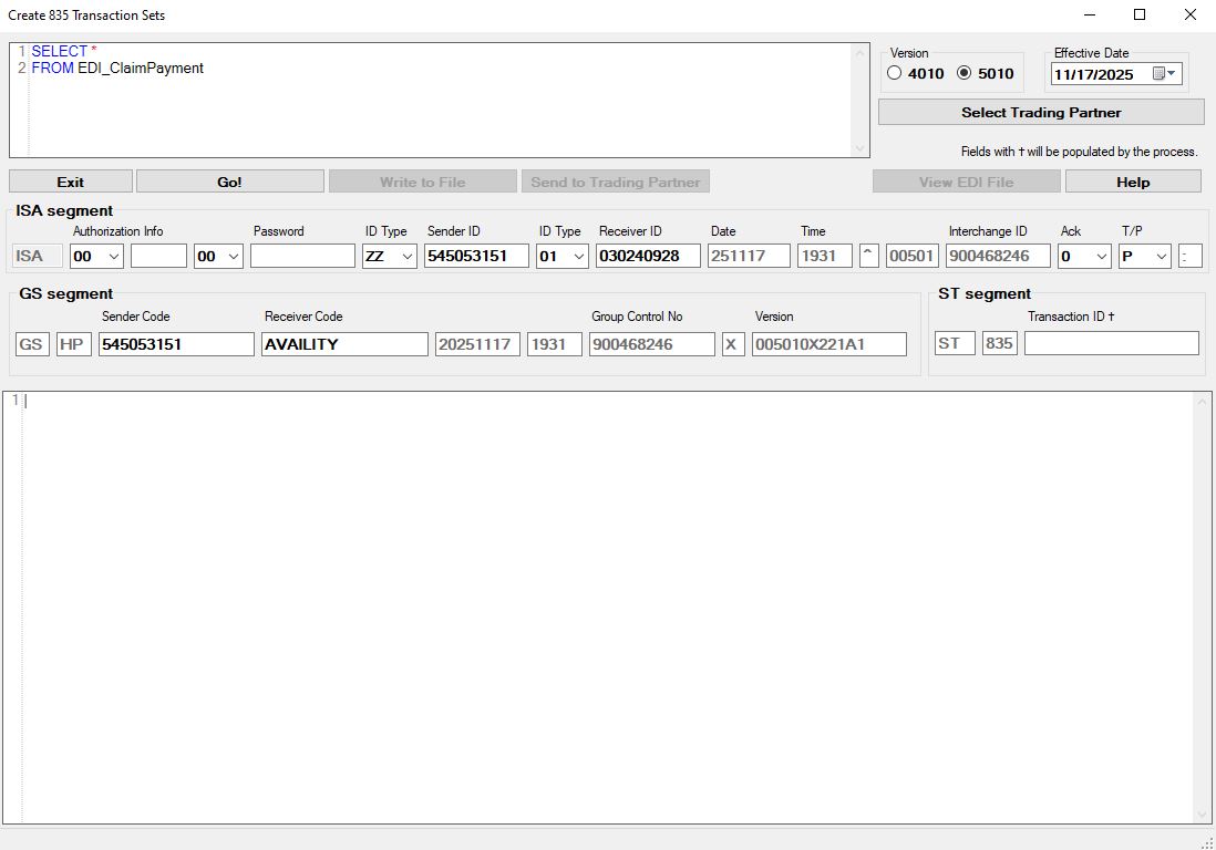The "Create 835 Transaction Sets" window.