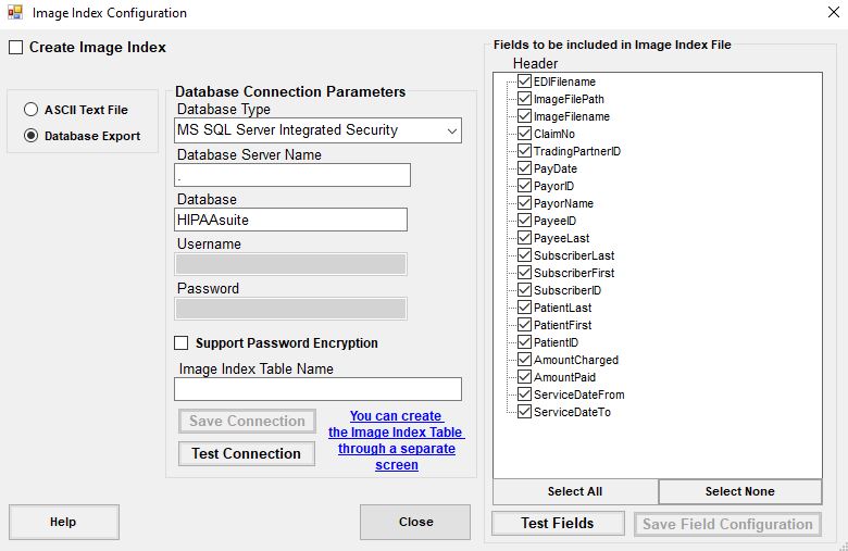 The "Image Index Configuration" window.