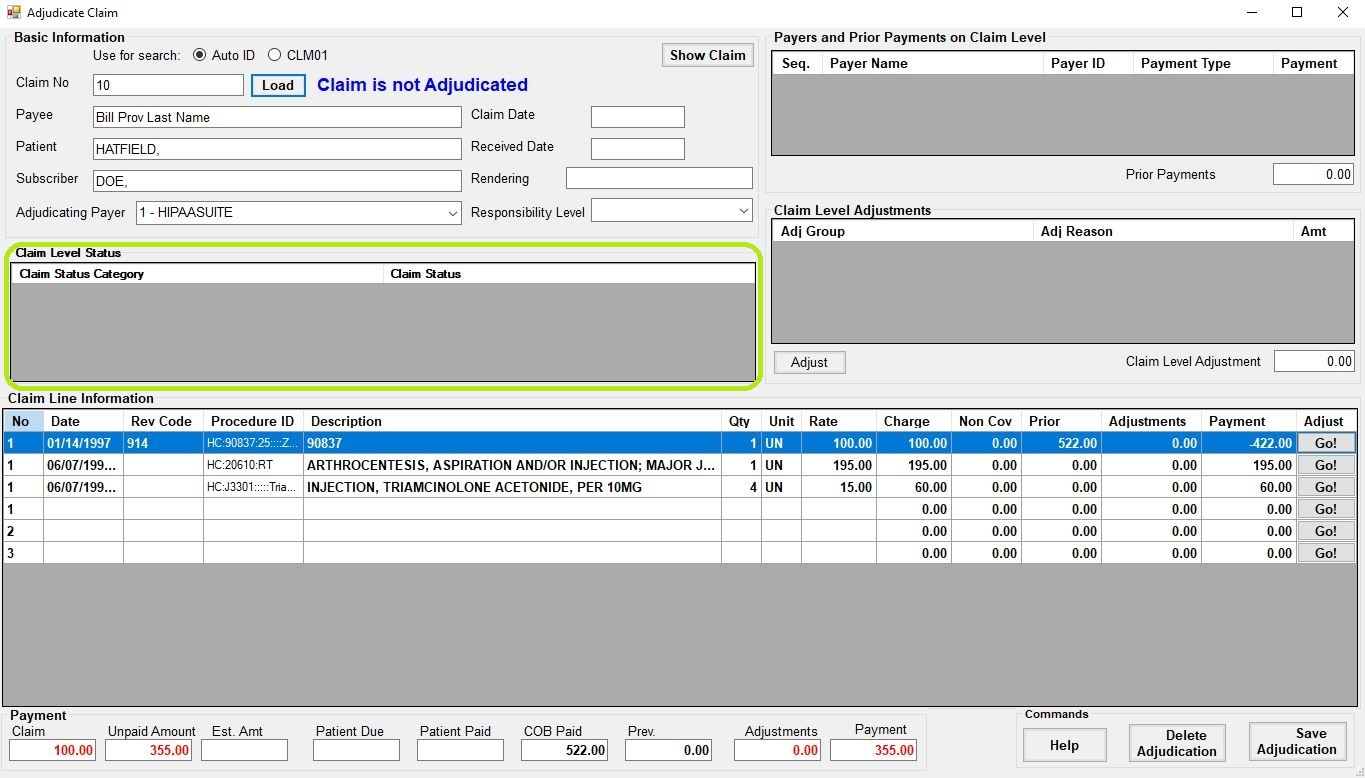 Adjustments at the Claim Level will be displayed in the middle right.