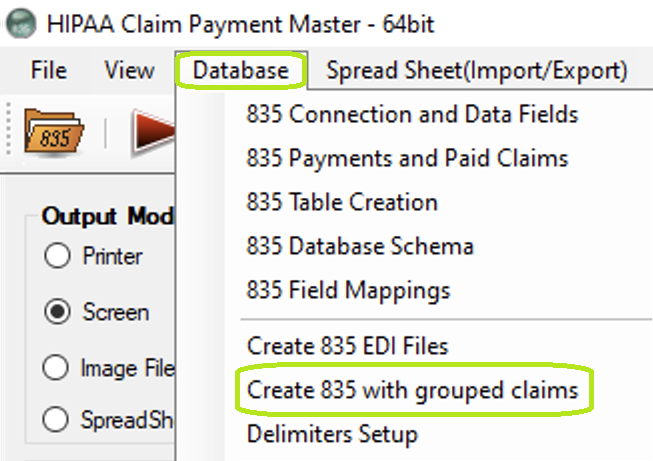 The "Create 835 EDI Files" optionis under the "Database" tab.