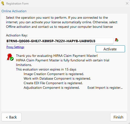 The "Registration Form" window with a successful key activation for a trial renewal.