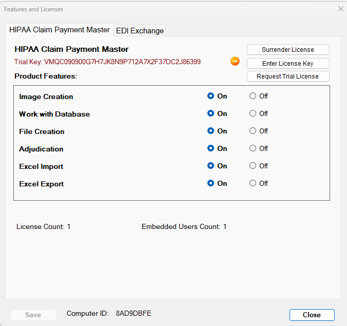The "Features and Licenses" window provides different options to customize the application and add-ons.