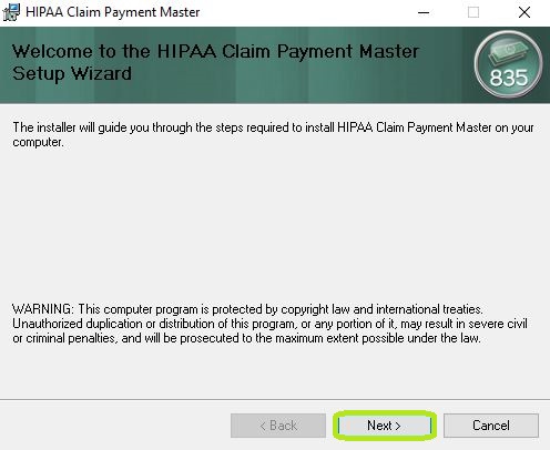 The HIPAA Claim Payment Master Setup Wizard Window.