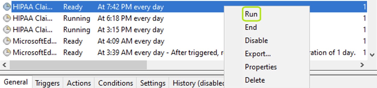 The "Run" option is under the task's drop-down menu.