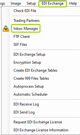 The "Inbox Manager" option is under the "EDI Exchange" tab. The "Inbox Manager" option is under the "EDI Exchange" tab.