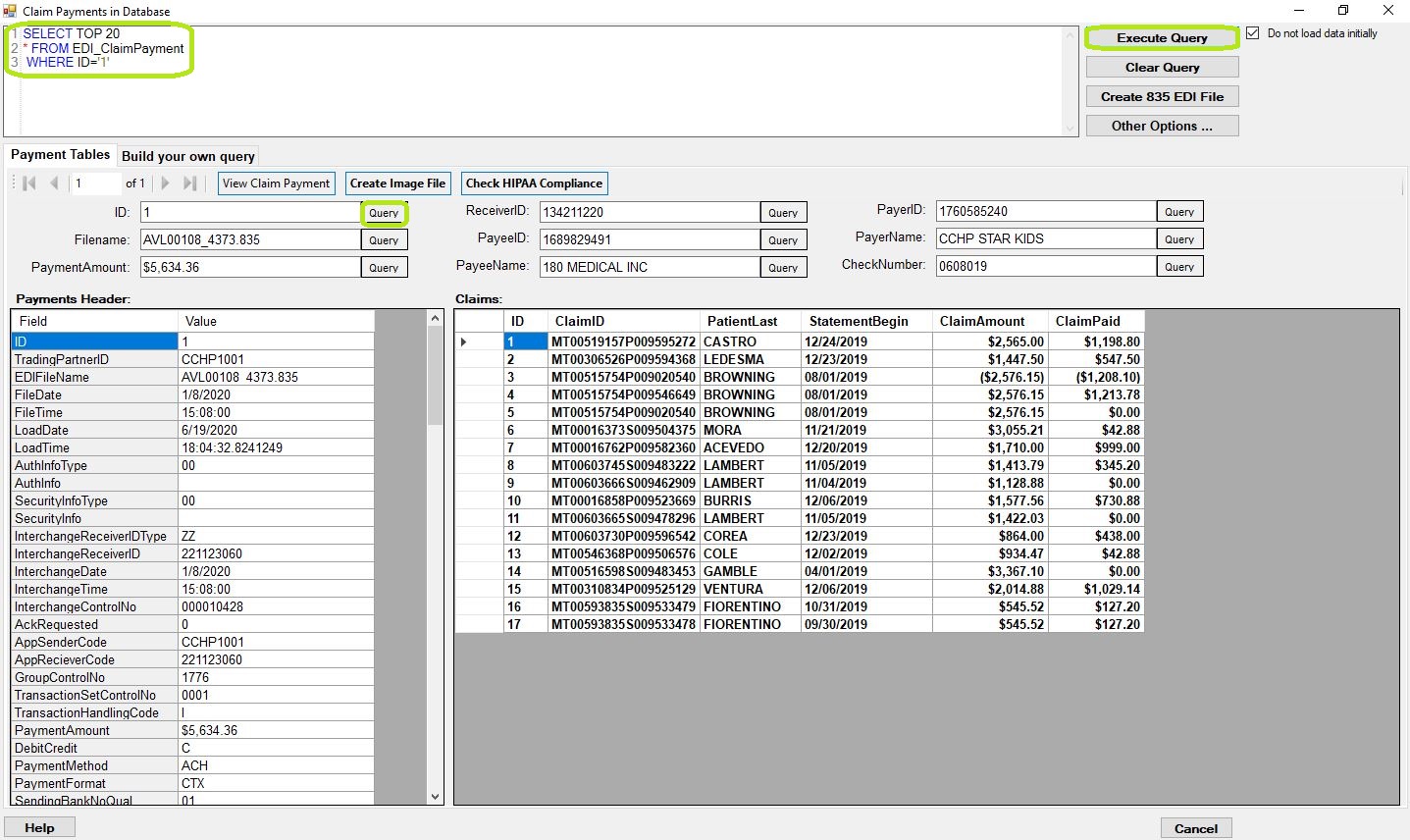 The "Imported Claims" window is showing a claim from the database.