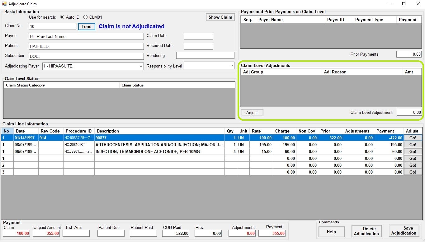 Claim Line details are displayed in the bottom table.