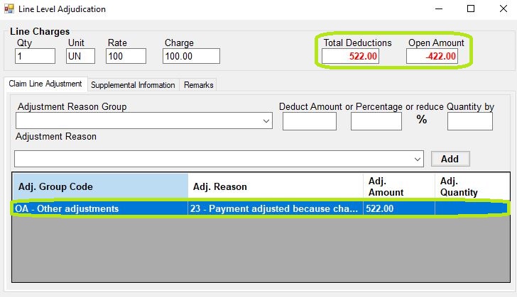The line adjudication window shows a payment by another payer automatically as adjustment.