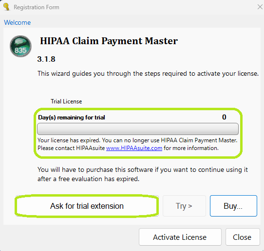 The �Registration Form� window shows an expired trial license.