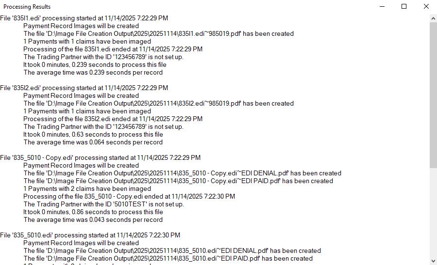 The "Processing Results" window.