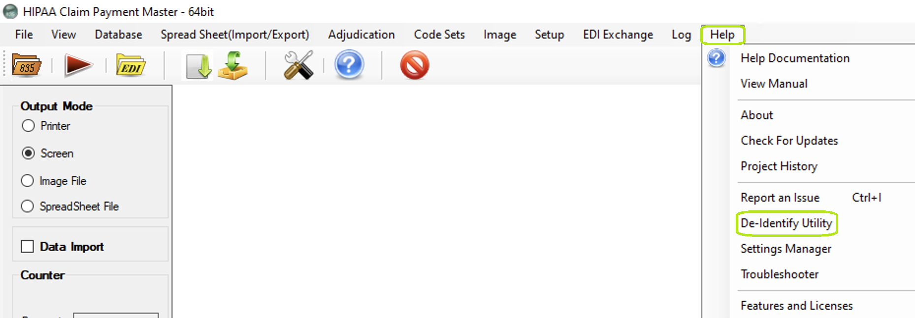 The "De-Identify Utility" menu. The "De-Identify Utility" menu.