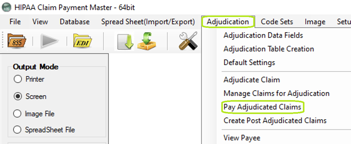 Pay Adjudicated Claims menu option.