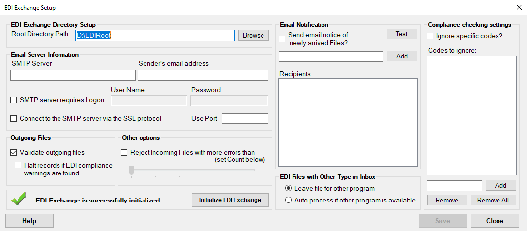 The "EDI Exchange Setup" window.