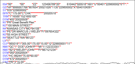 The beginning of an 835 EDI file.
