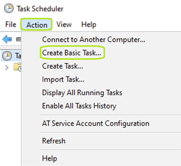 The "Create Basic Task" option is under the "Action" menu item.