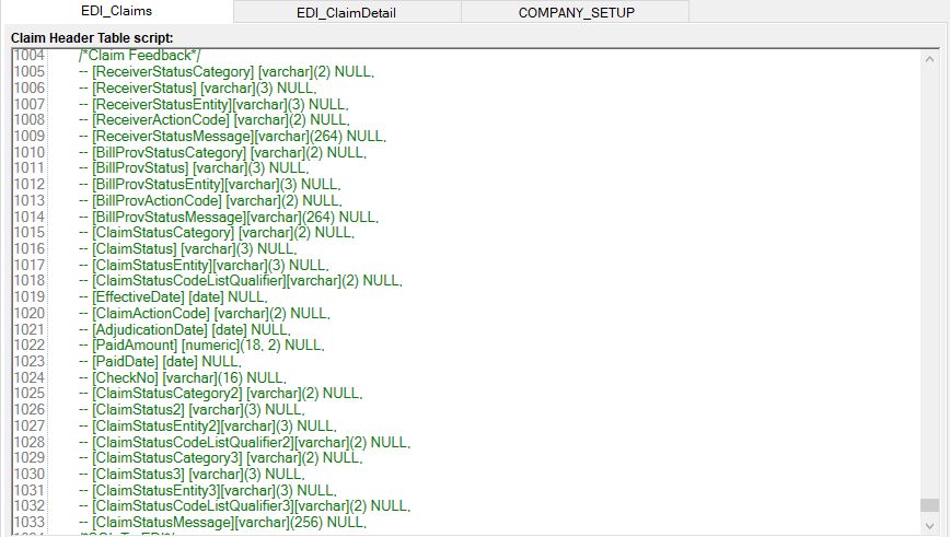 Table Creation window in HIPAA Claim Payment Master. The claim feedback fields are currently commented and are ignored when executing the script.