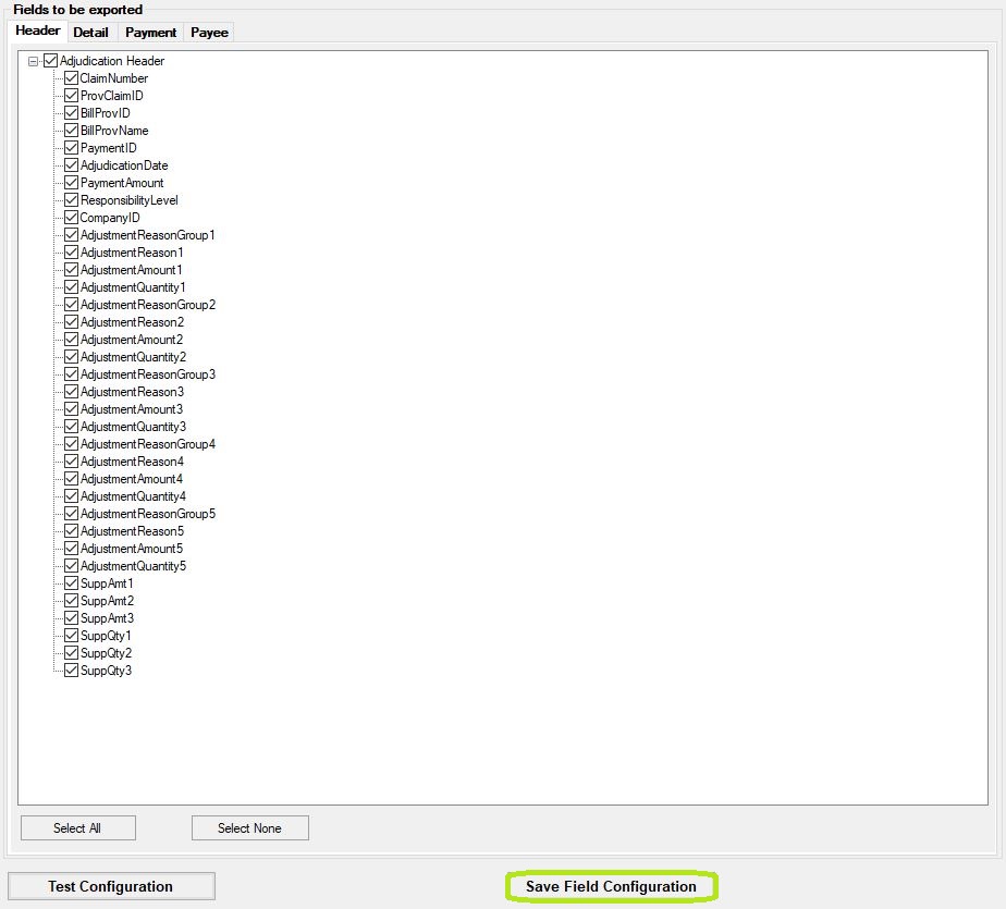Detail of Adjustment Field Setup screen. Save field configuration button is highlighted. Detail of Adjustment Field Setup screen. Save field configuration button is highlighted.