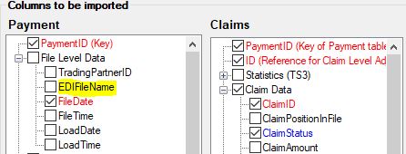 The "Import claims from excel or text file: setup" with the "Filename" unchecked. The "Import claims from excel or text file: setup" with the "Filename" unchecked.