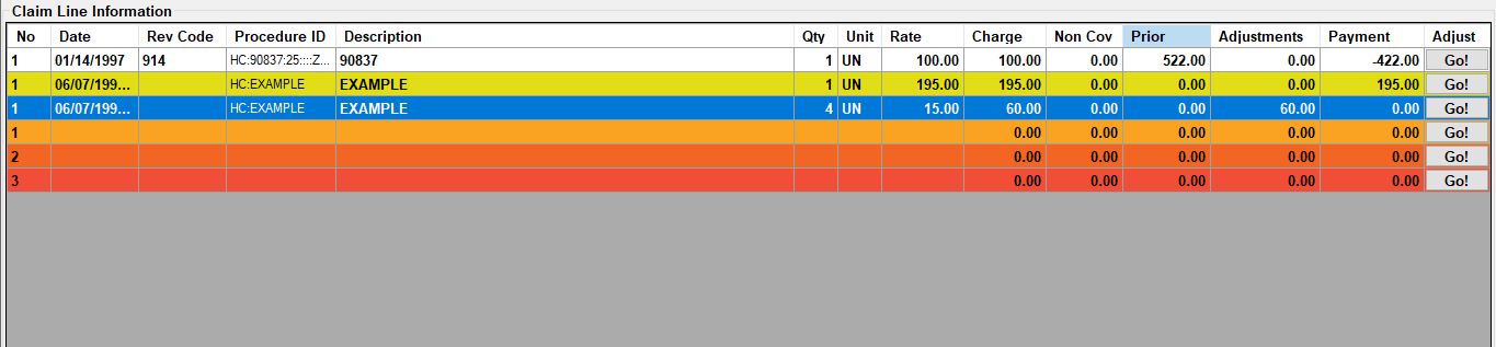 Claim Line table. Four lines have been bundled into an example procedure code.