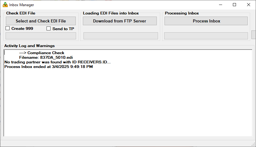 The "Activity Log and Warnings" area displays log messages about the processed EDI files.