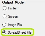 The "Spreadsheet File" option is in the "Output Mode" box. The "Spreadsheet File" option is in the "Output Mode" box.