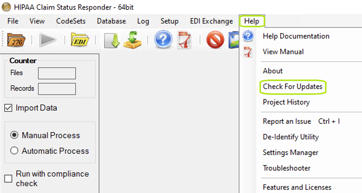 The "Check for Updates" option is under the "Help" drop-down menu.