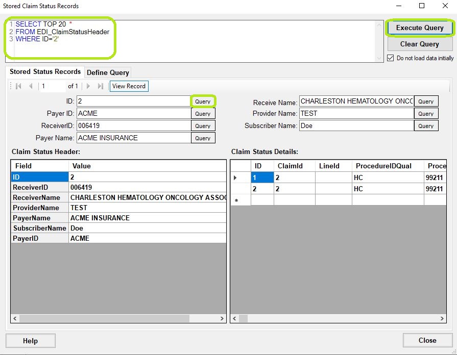 The "Stored Claim Status Requests" window is showing a claim from the database.