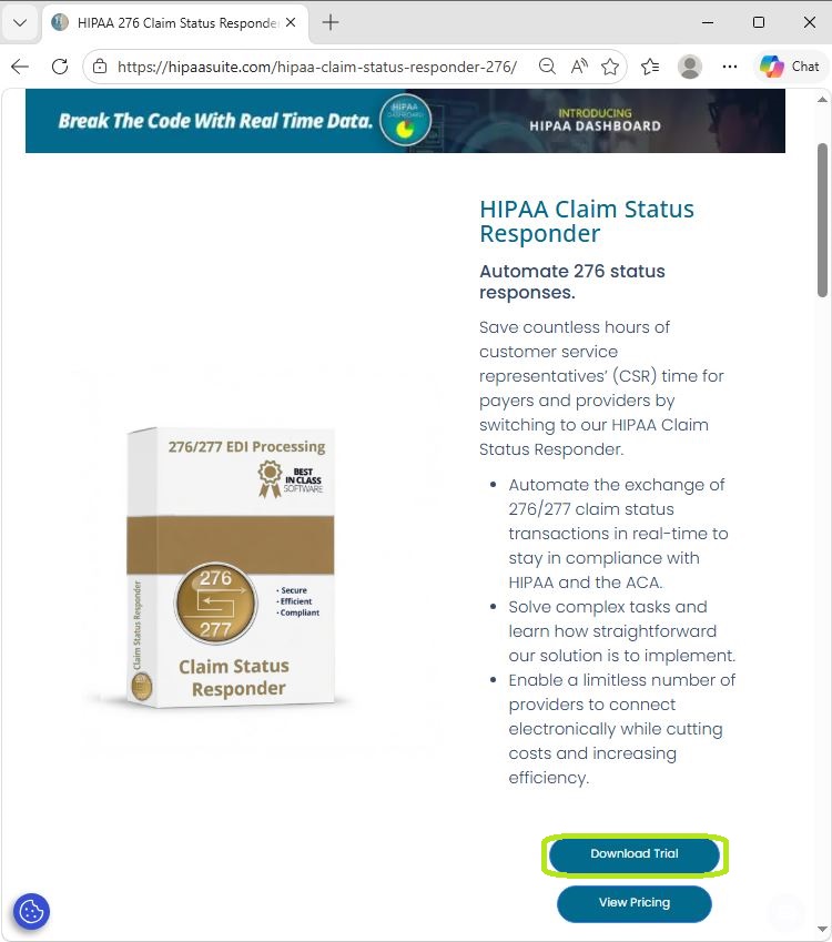 The HIPAA Claim Status Responder information page. 